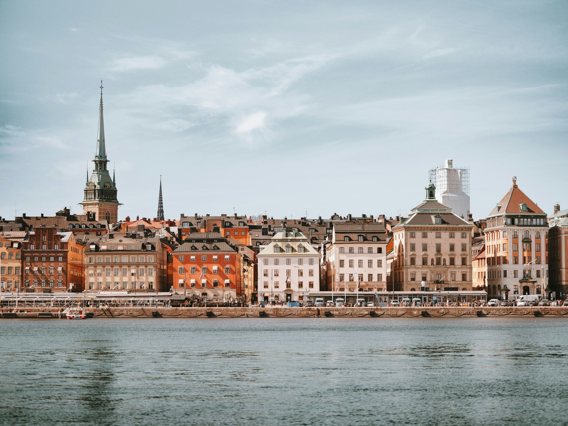 The Stockholm skyline with colorful buildings at Gamla Stan.