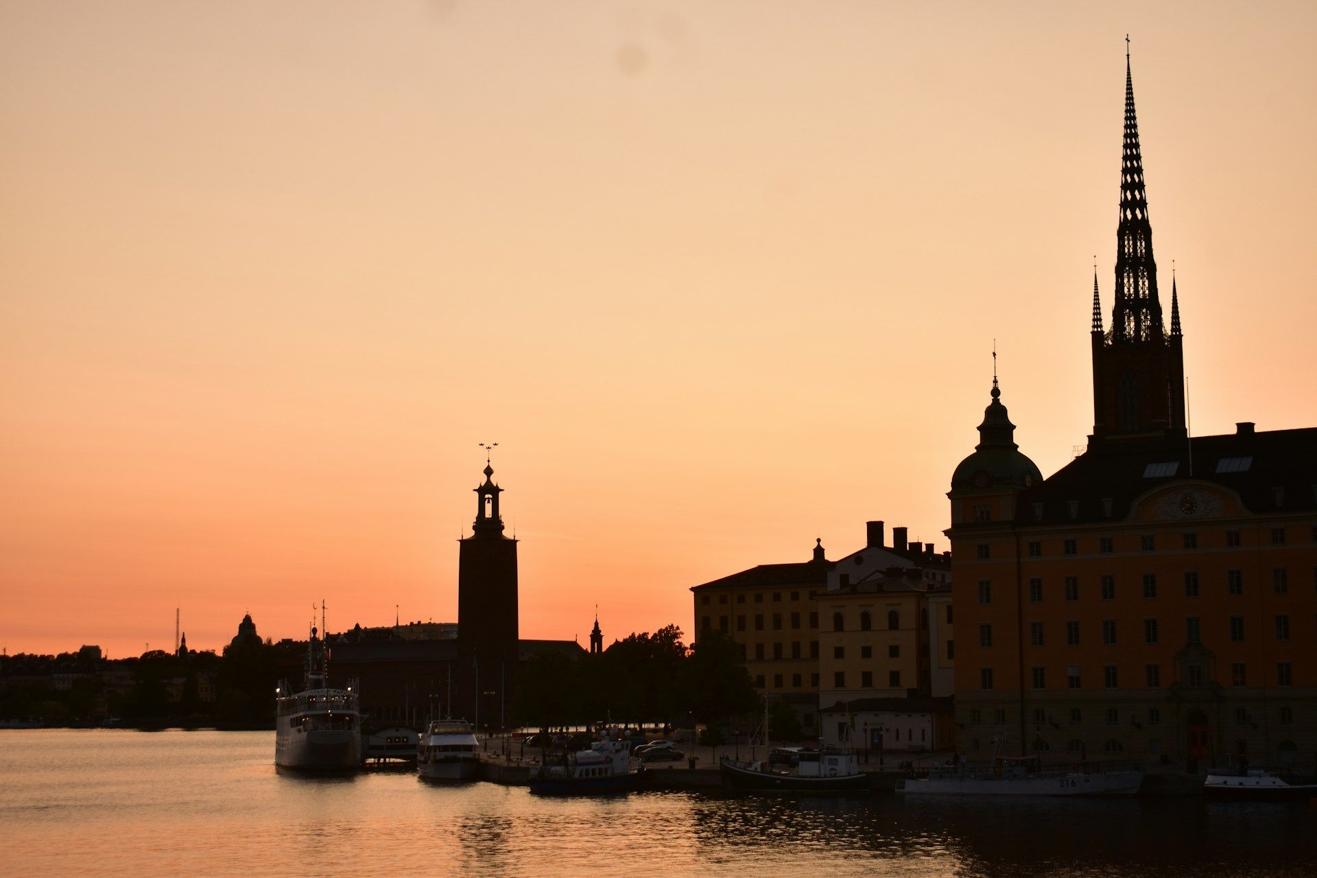 Sunset over Riddarholmen and Kungsholmen in Stockholm with the City Hall in the background