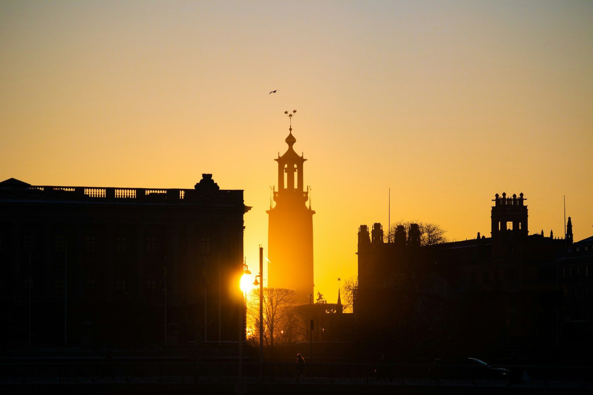 Stockholm City Hall silhouetted against a vivid orange sunset, with a bird in flight above the tower