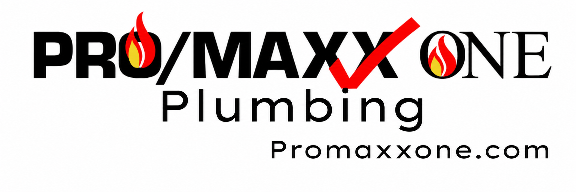 Promaxxone Plumbing logo with black and red text and website promaxxone.com