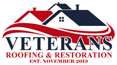 The logo for veterans roofing and restoration shows a house with two roofs.