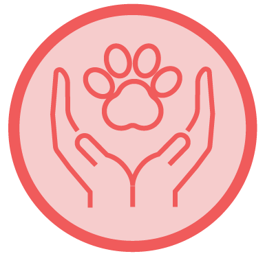 Red circle with hands cupping a paw print, symbolizing pet care.