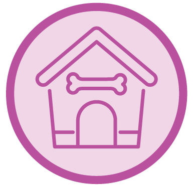 Dog house icon inside a purple circle.