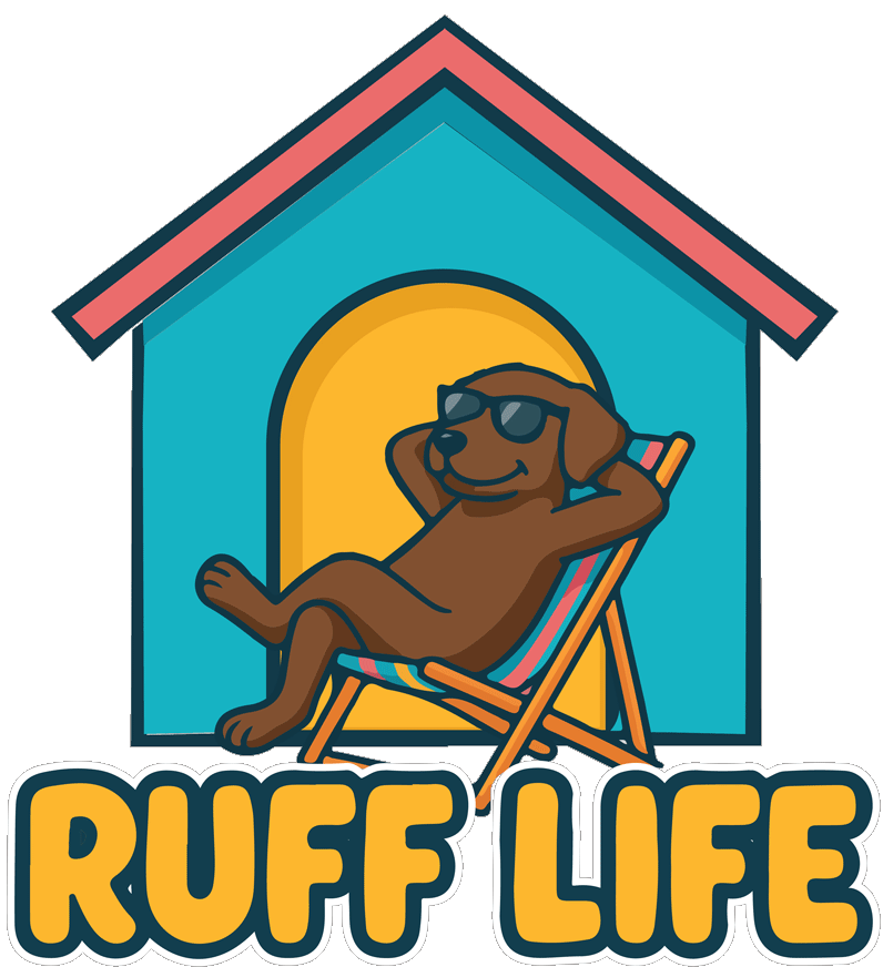 A brown dog relaxing in a beach chair in front of a blue doghouse; text "RUFF LIFE".