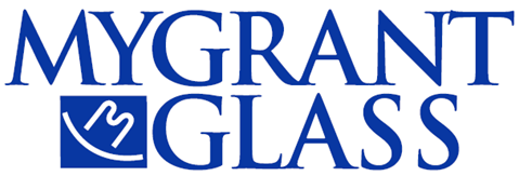 The logo for mygrant glass is blue and white on a white background.