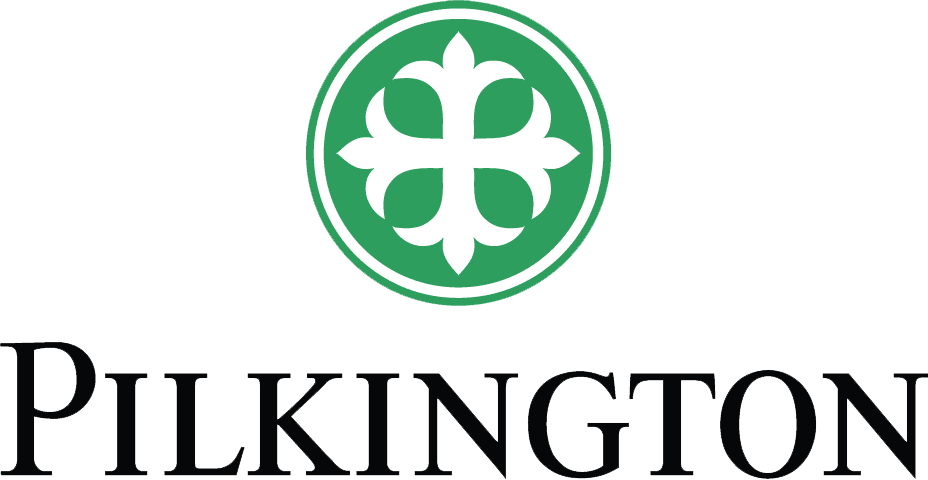 The logo for pilkington is a green circle with a cross in it.