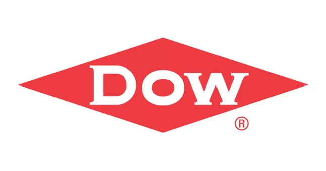 A red and white logo for dow on a white background.