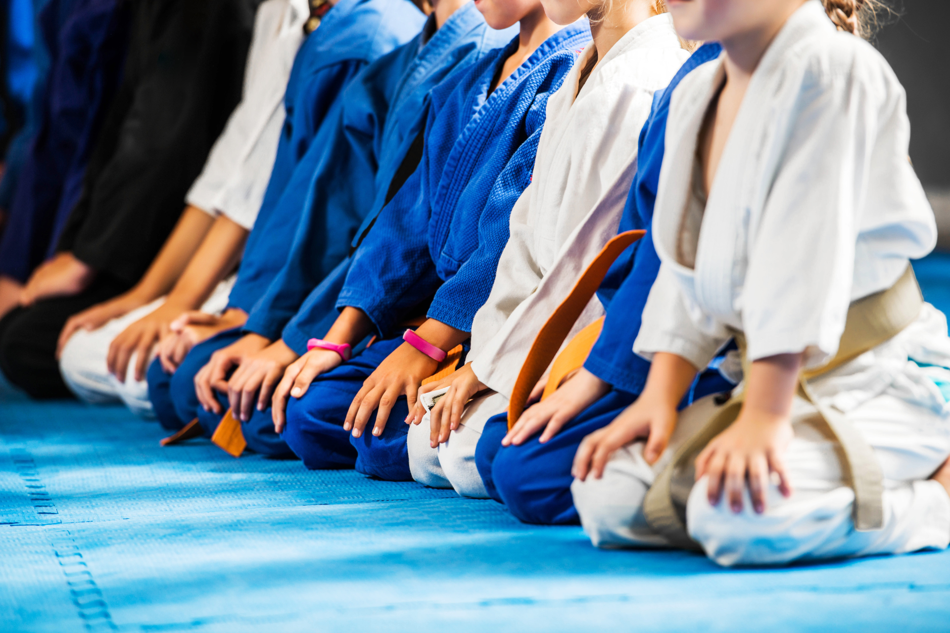 People kneeling in white and blue martial arts uniforms on a blue mat