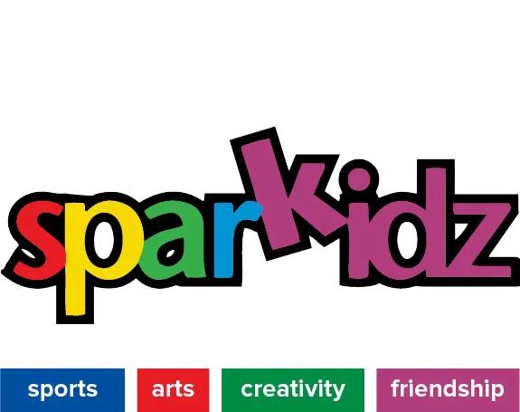 Sparkidz logo with two children silhouettes and tagline “Reach Up & Grow,” plus sports, arts, creativity, friendship