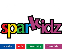 Sparkidz logo with two children silhouettes and tagline “Reach Up & Grow,” plus sports, arts, creativity, friendship