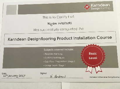 RW Carpets - tile installer in Exeter - certificate of Karndean Design Flooring Product Course