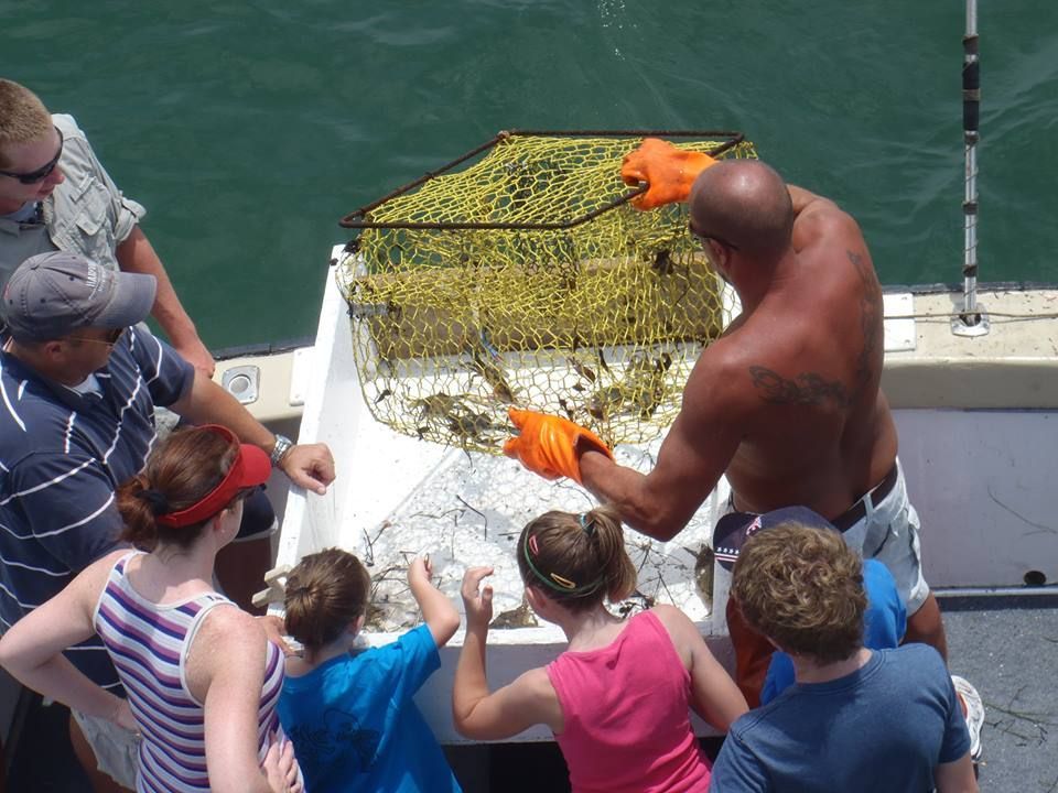 A group of people on a boat looking at crabs