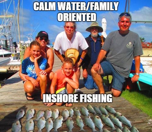 A group of people posing for a picture with the caption calm water family oriented inshore fishing