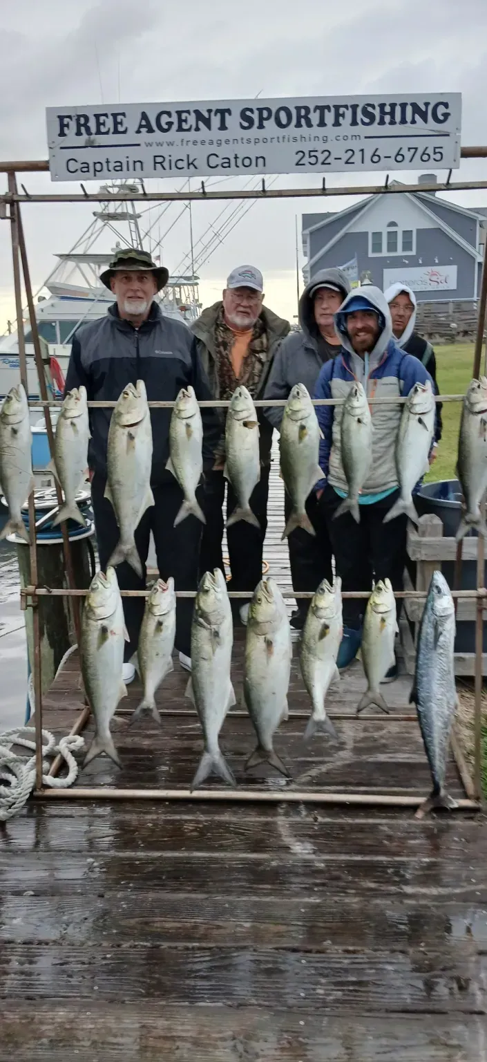 A group of people standing next to a rack of fish.