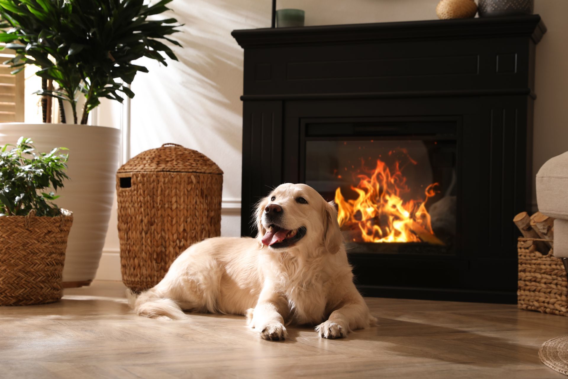 golden dog happy near warm fireplace