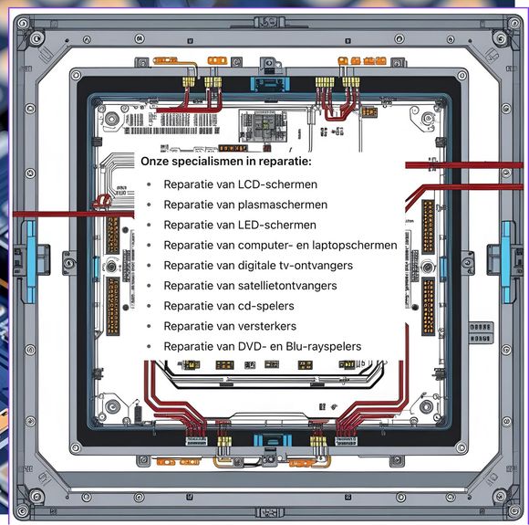Schema van een apparaat met tekst in het Nederlands met reparatieopties. Rode lijnen markeren de secties.