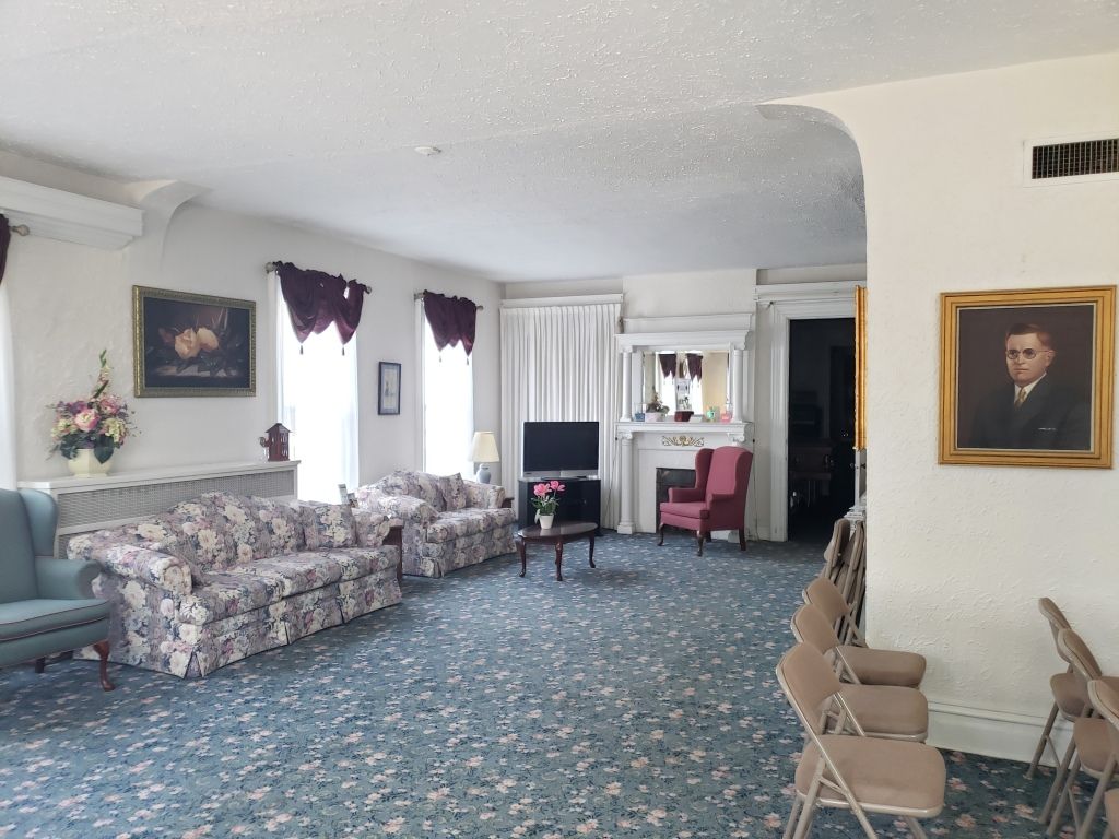 Several photos of interior and exterior view of Brough Funeral Home in Miamisburg, OH