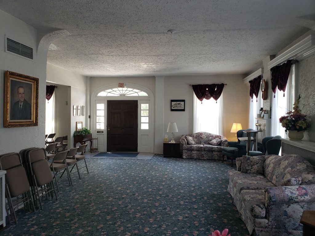Several photos of interior and exterior view of Brough Funeral Home in Miamisburg, OH