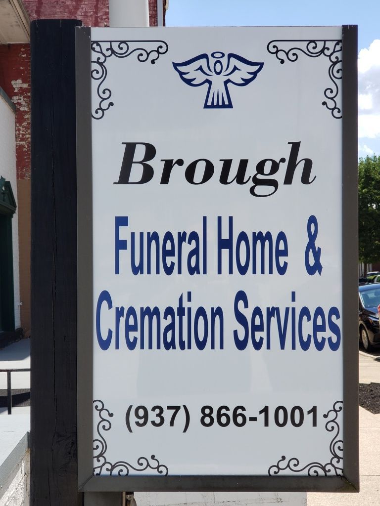 Several photos of interior and exterior view of Brough Funeral Home in Miamisburg, OH