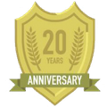 A gold shield with the words 20 years anniversary on it