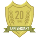 A gold shield with the words 20 years anniversary on it