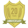 A gold shield with the words 20 years anniversary on it