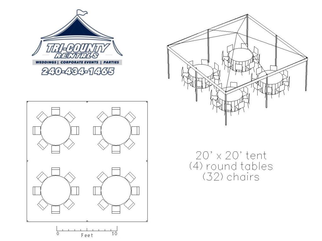 A black and white drawing of a tent with tables and chairs.
