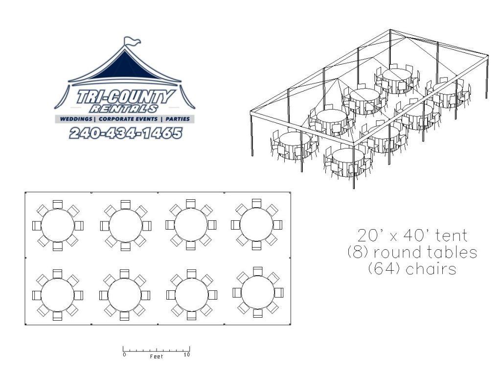 A black and white drawing of a tent with round tables underneath it.
