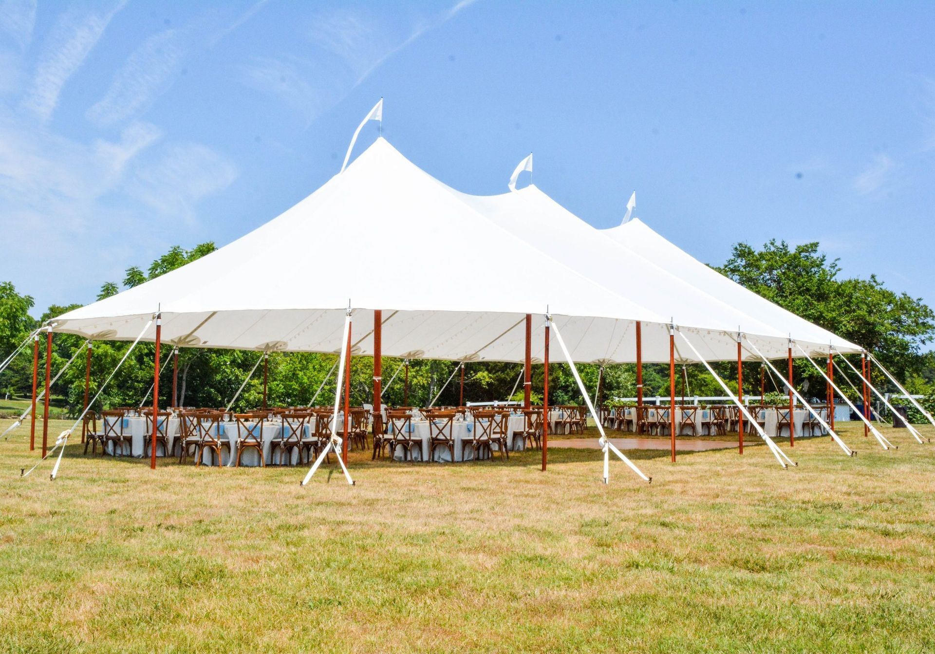 A large white tent with tables and chairs underneath it in a field.