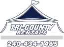 The logo for tri-county rentals shows a tent with a flag on top.