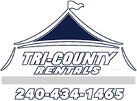 The logo for tri-county rentals shows a tent with a flag on top.