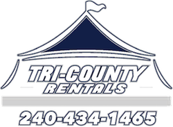 The logo for tri-county rentals shows a tent with a flag on top.