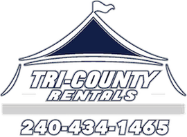 The logo for tri-county rentals shows a tent with a flag on top.