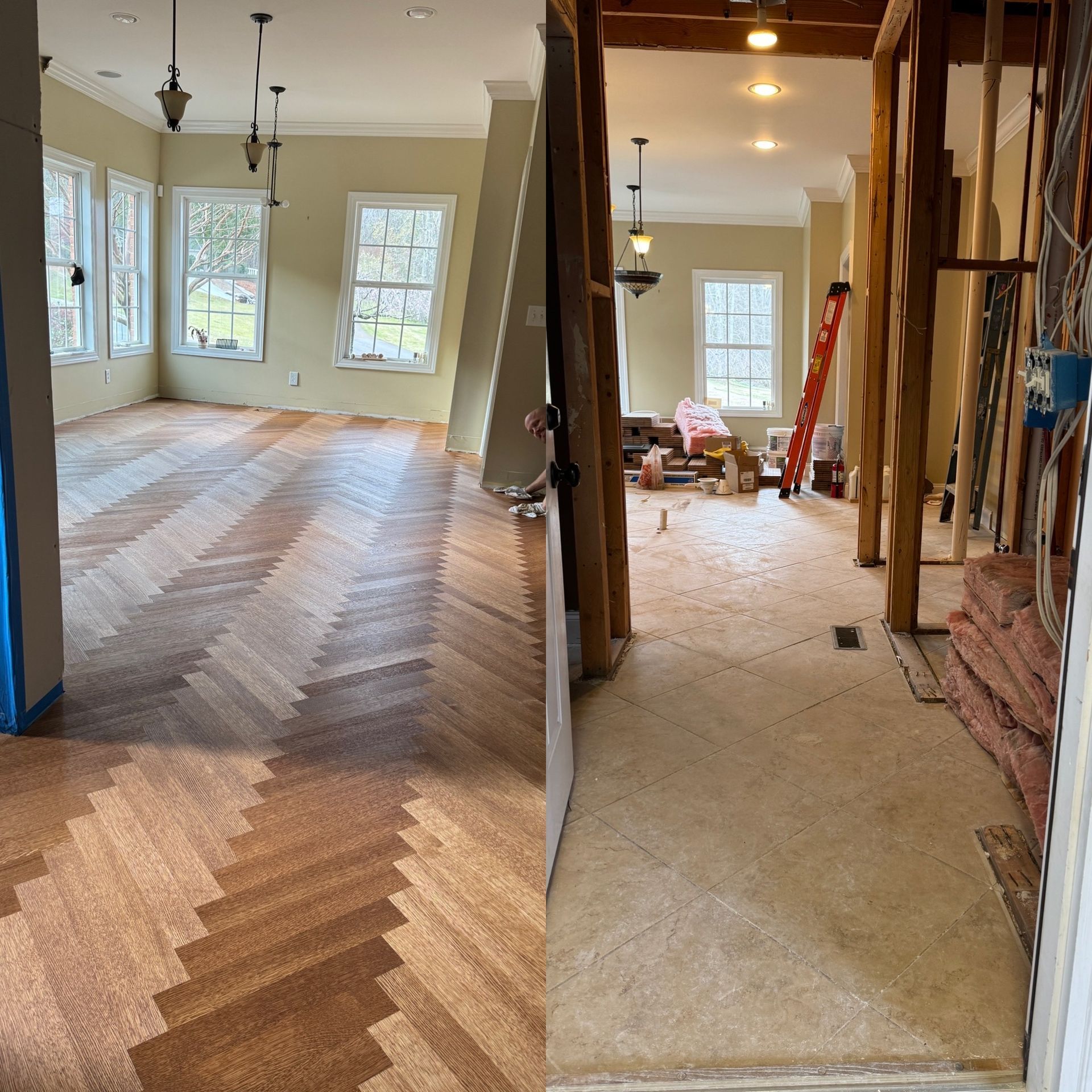 A before and after photo of a room with a herringbone floor
