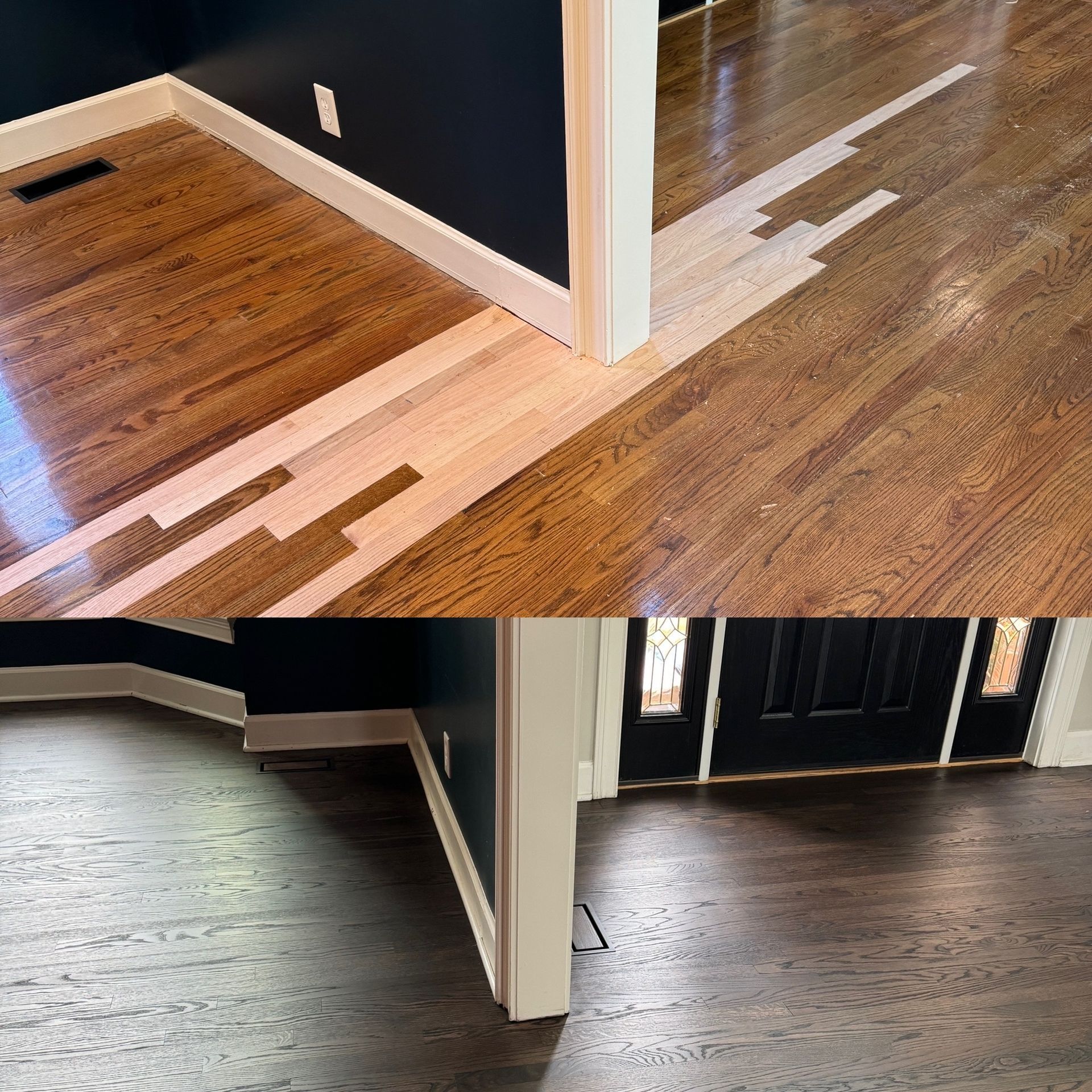 A before and after photo of a wooden floor