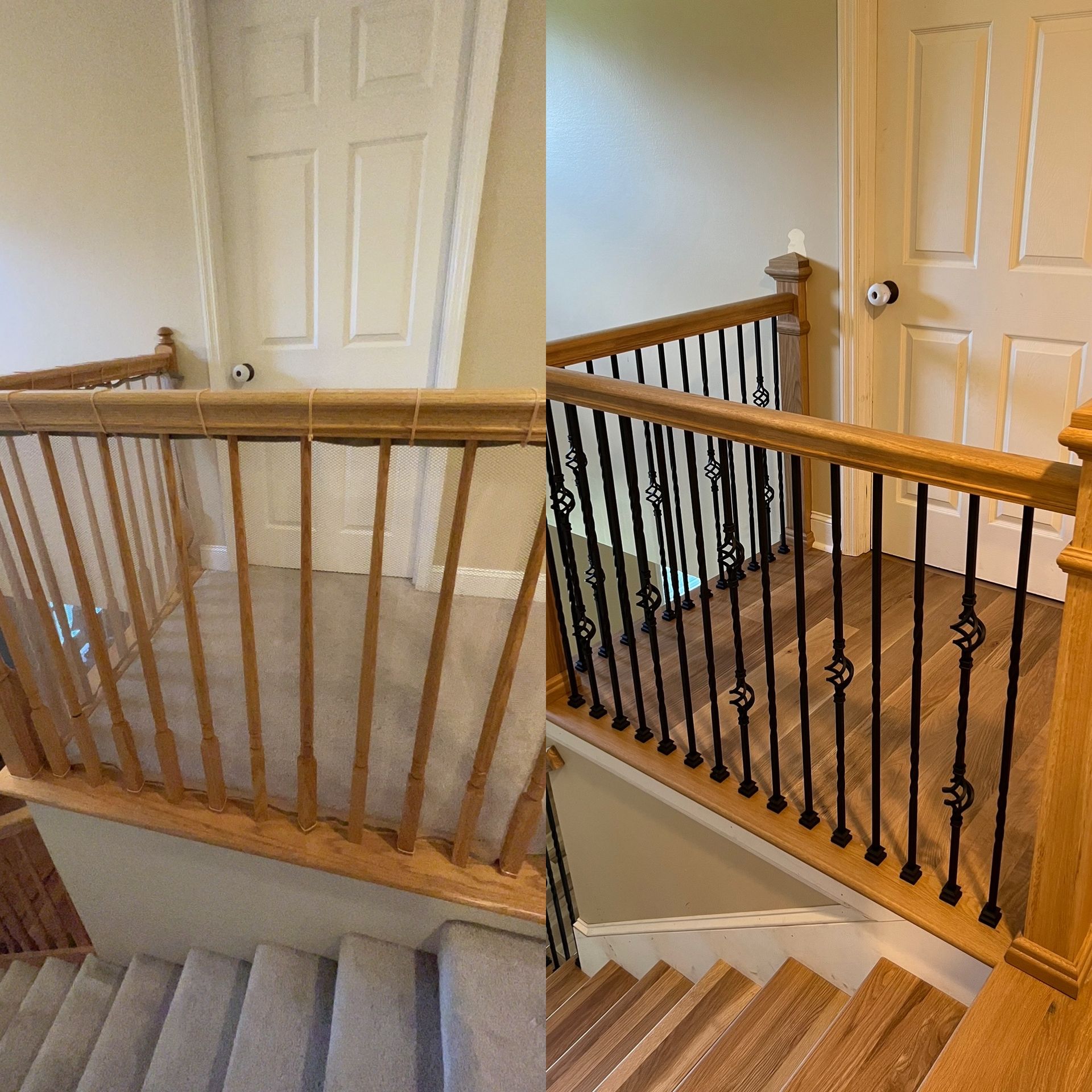 A staircase with a wooden railing and a metal railing