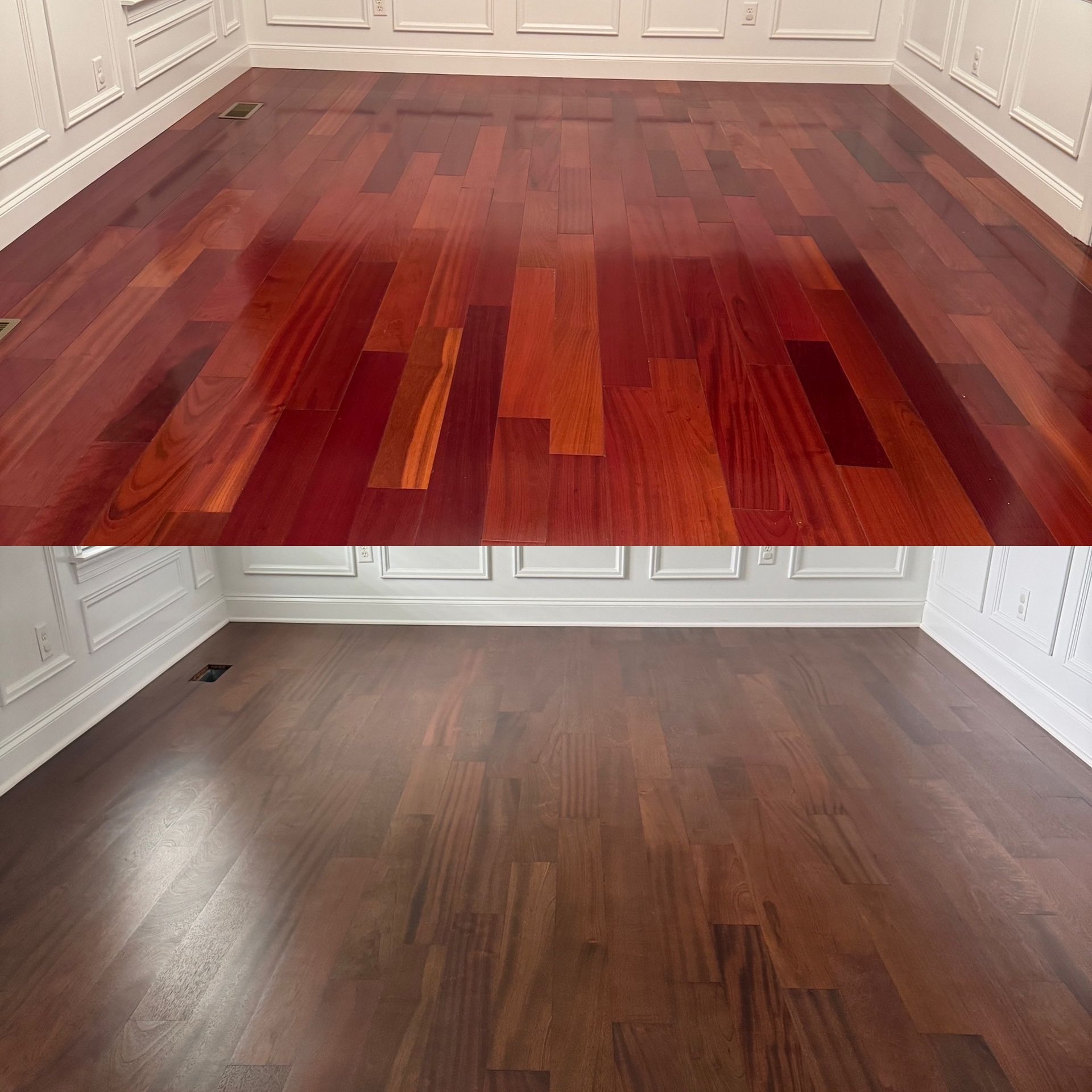 A before and after photo of a wooden floor