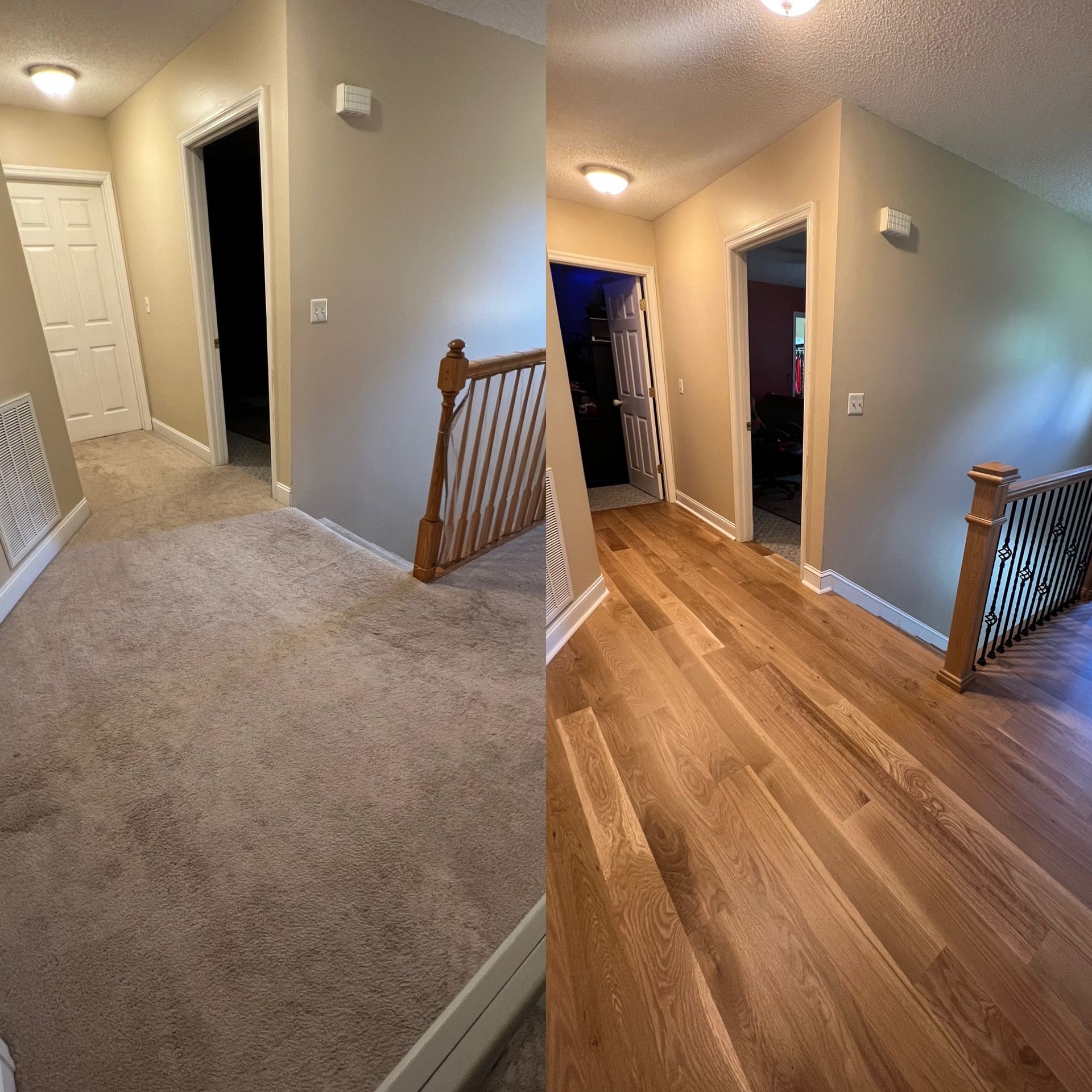 A before and after photo of a hallway with carpet and hardwood floors.