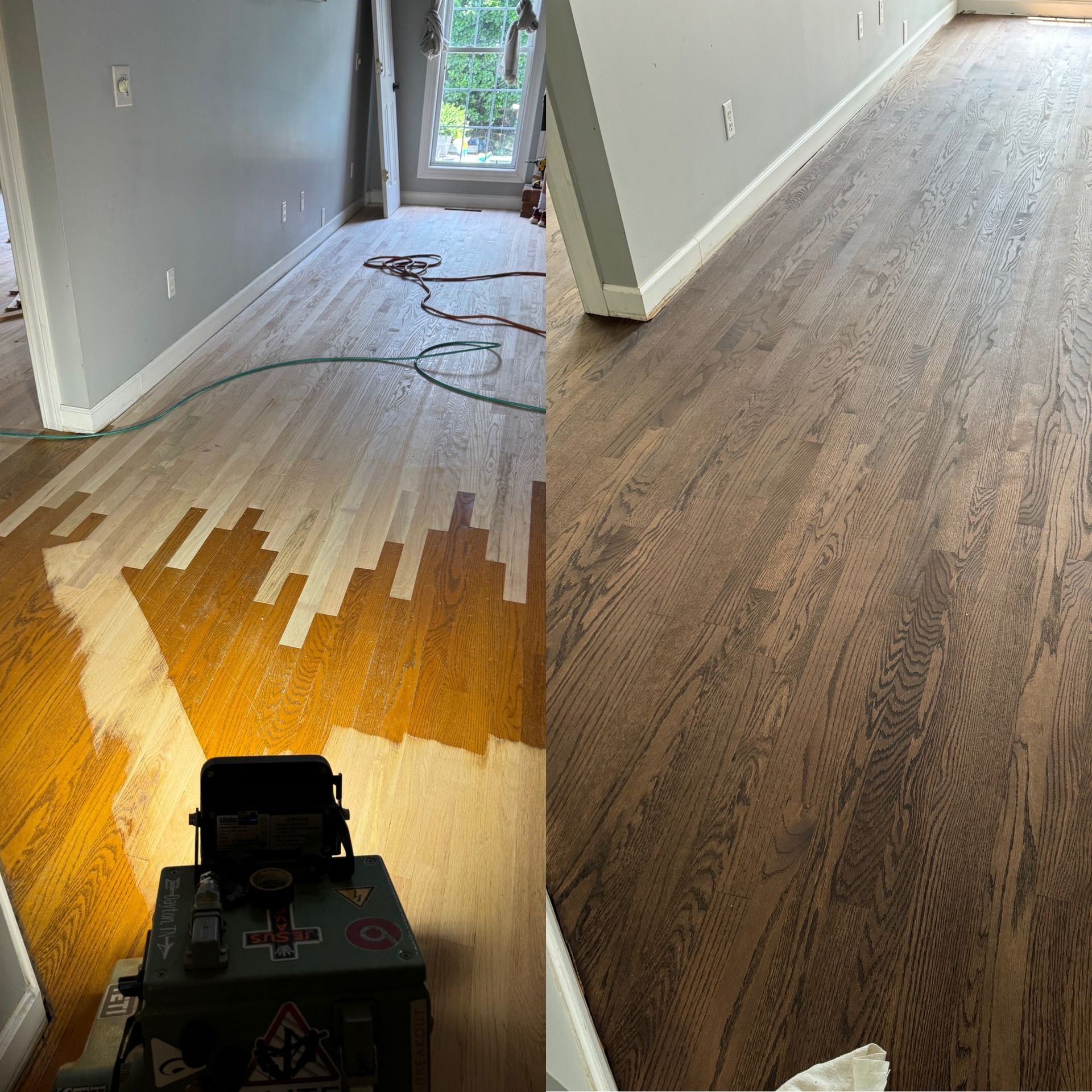 A picture of a wooden floor before and after being painted.