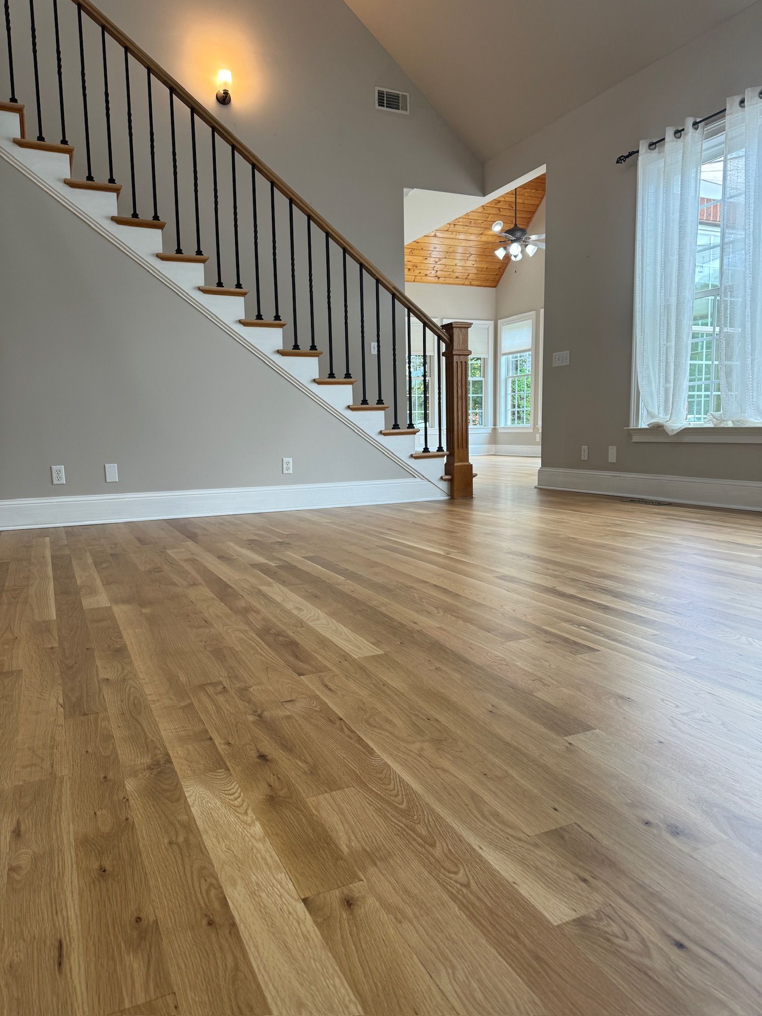 There is a staircase in the middle of the room.