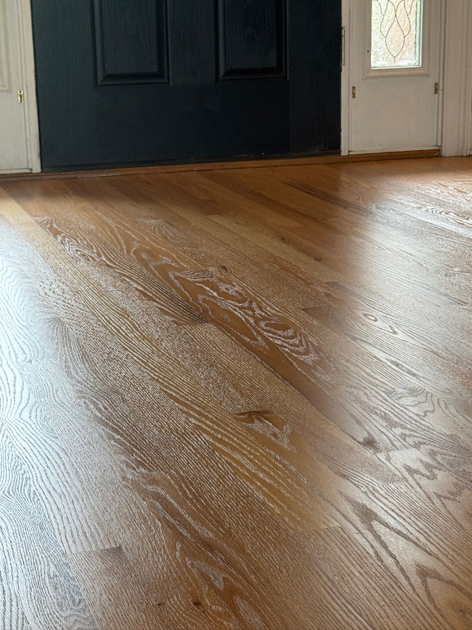 A room with a wooden floor and a black door.