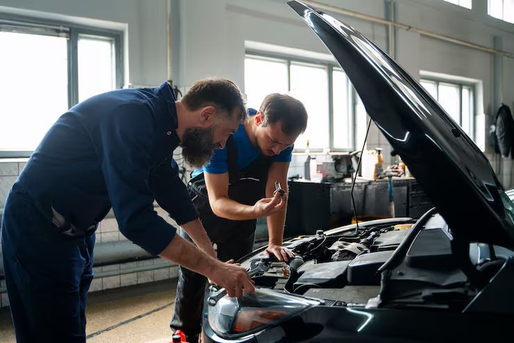 Two mechanics examining a car engine in a garage; one pointing, one holding a tool.