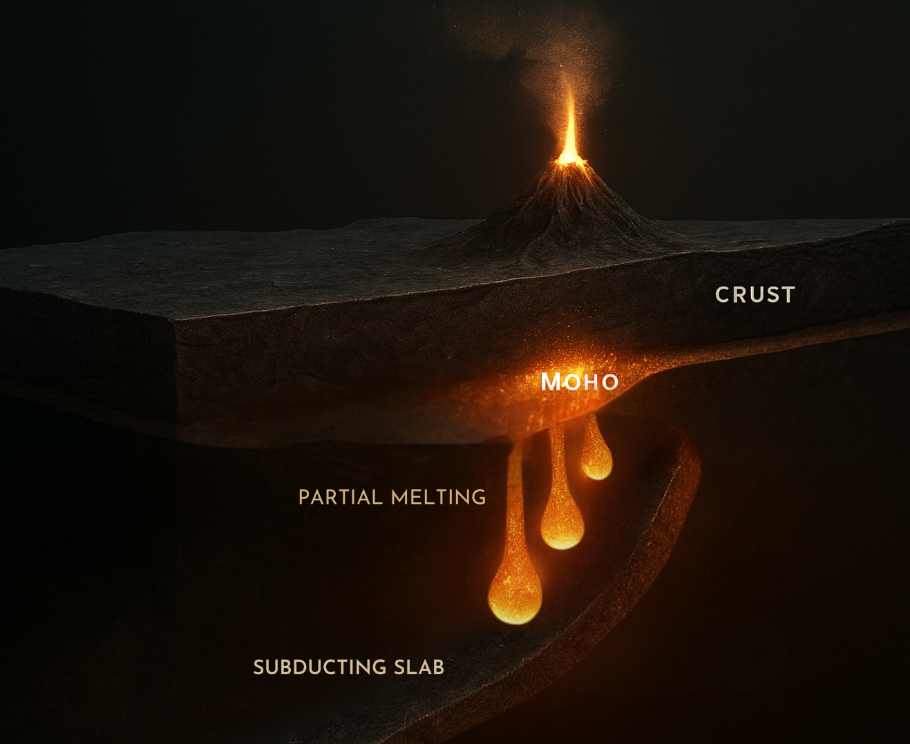 Conceptual cross-section showing lithosphere, Moho and melt accumulation