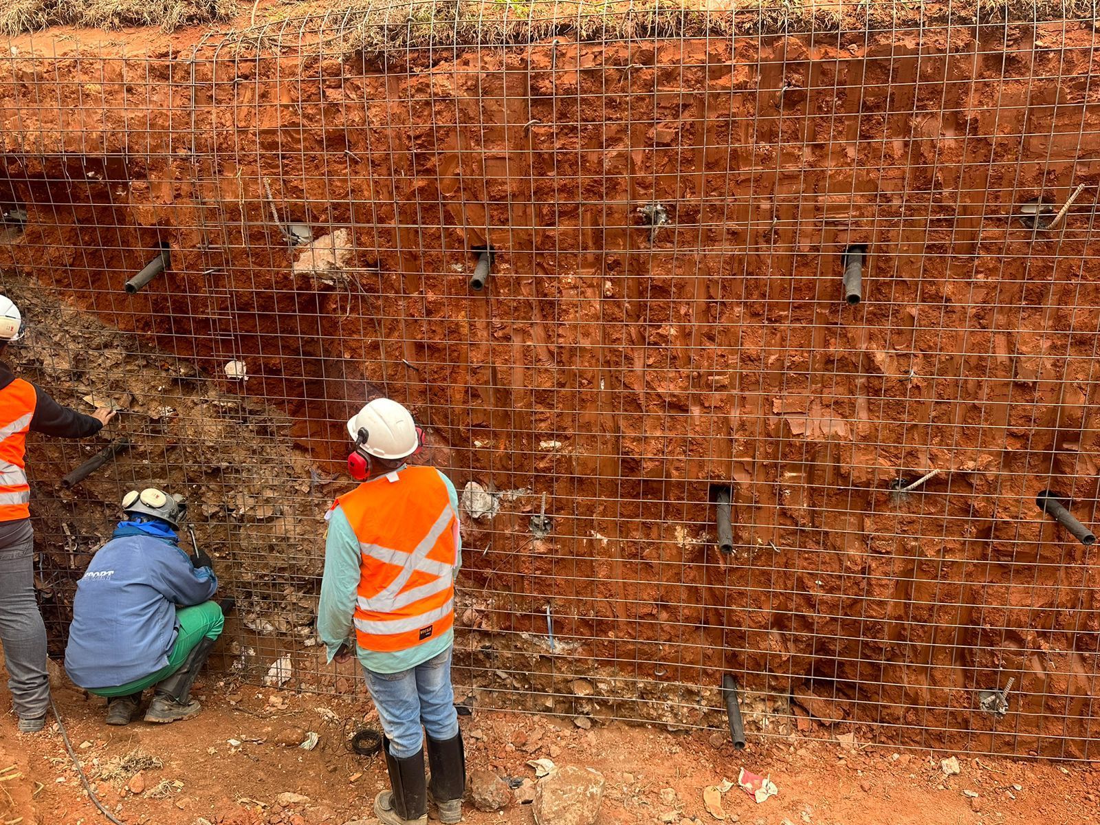 Um grupo de trabalhadores da construção civil está trabalhando em um muro.