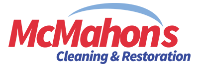 the logo for mcmahon 's cleaning and restoration is red and blue
