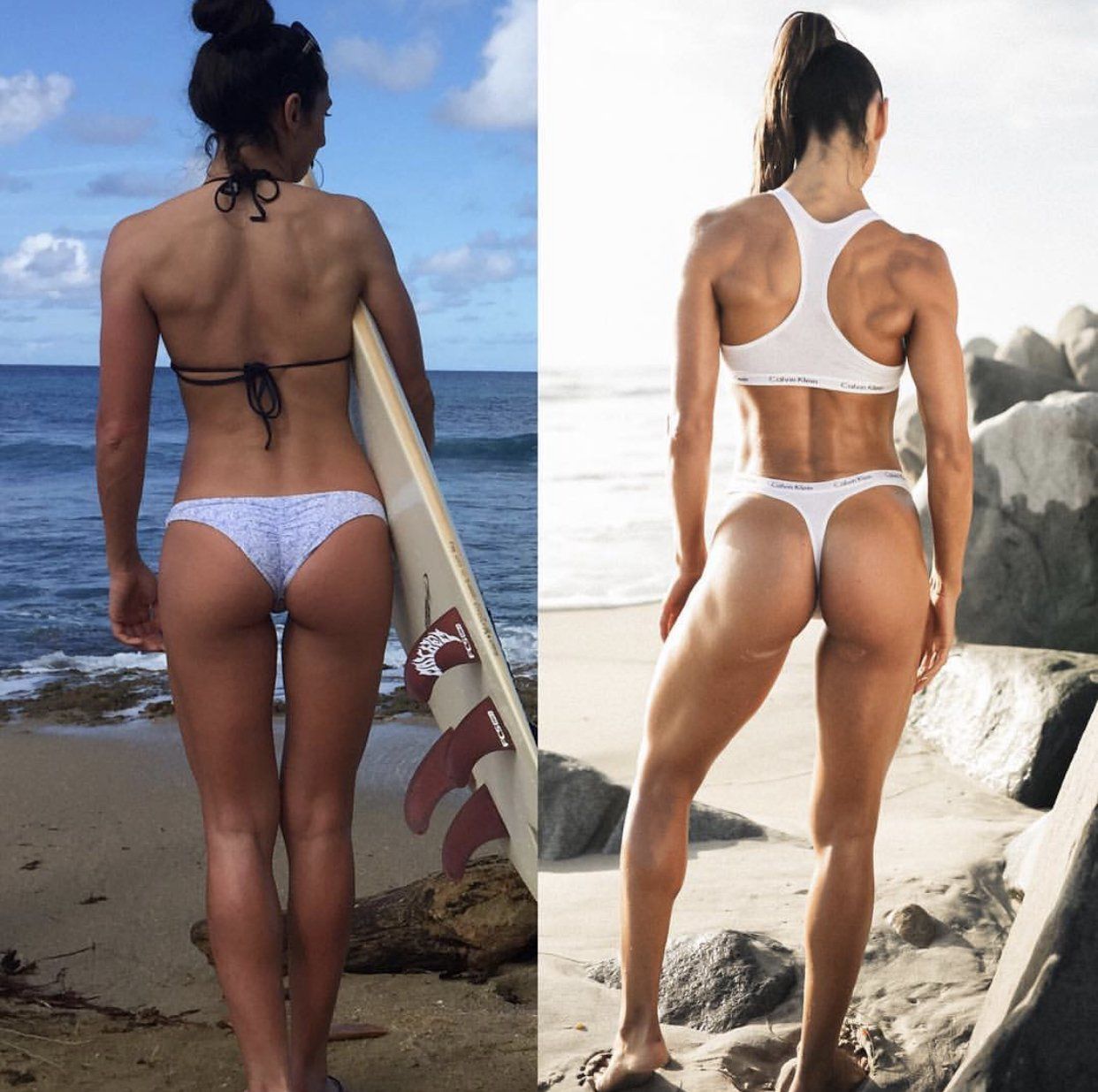 A woman in a bikini is holding a surfboard on the beach