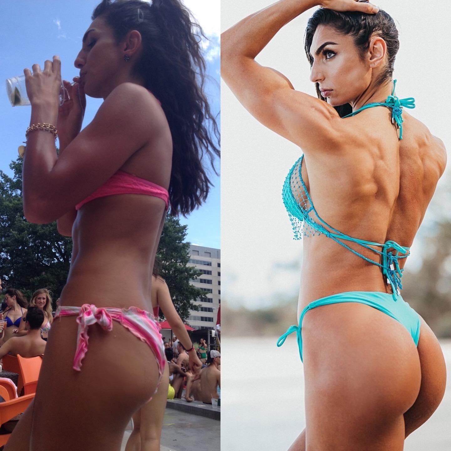 A woman in a bikini is drinking from a bottle