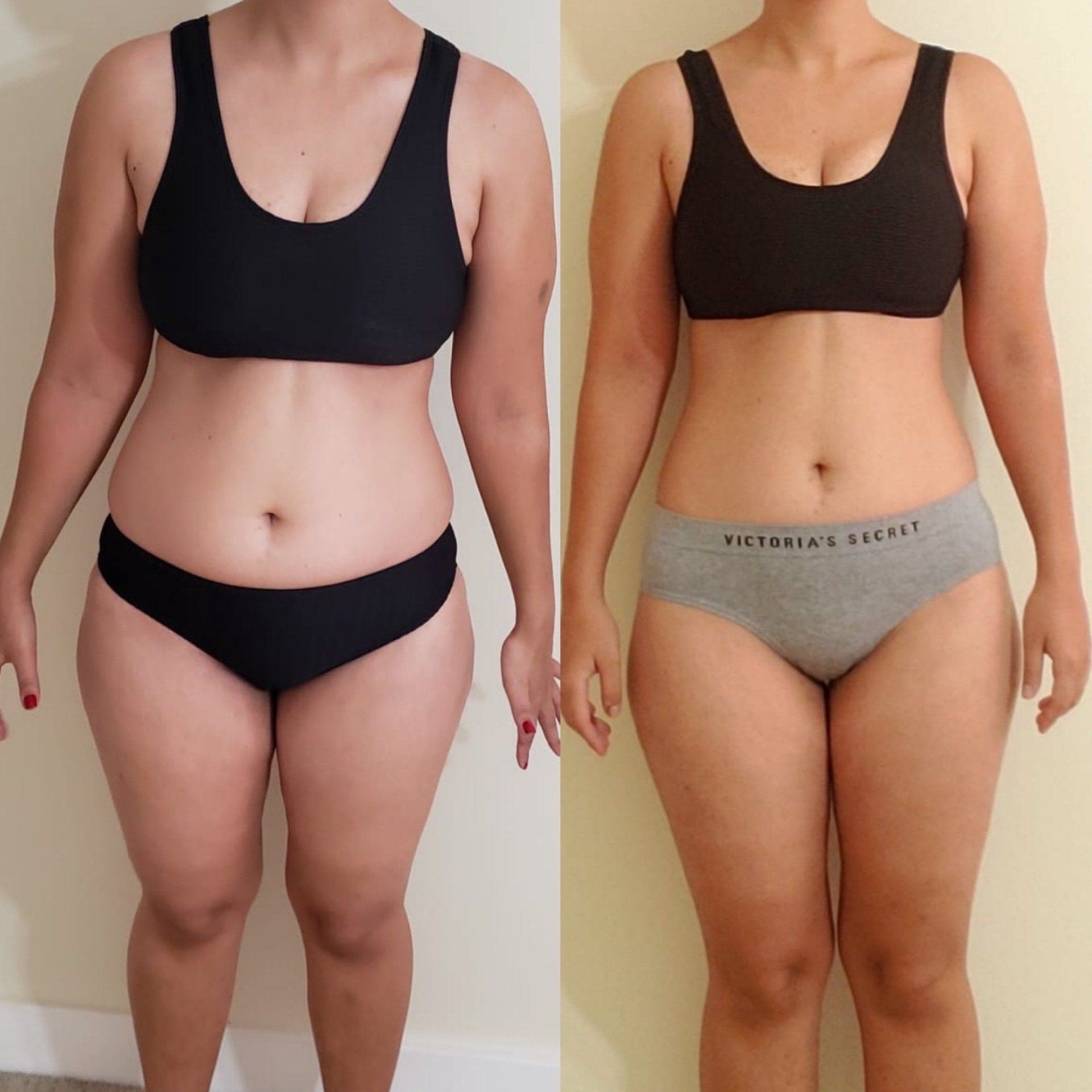 A before and after photo of a woman wearing victoria 's secret underwear