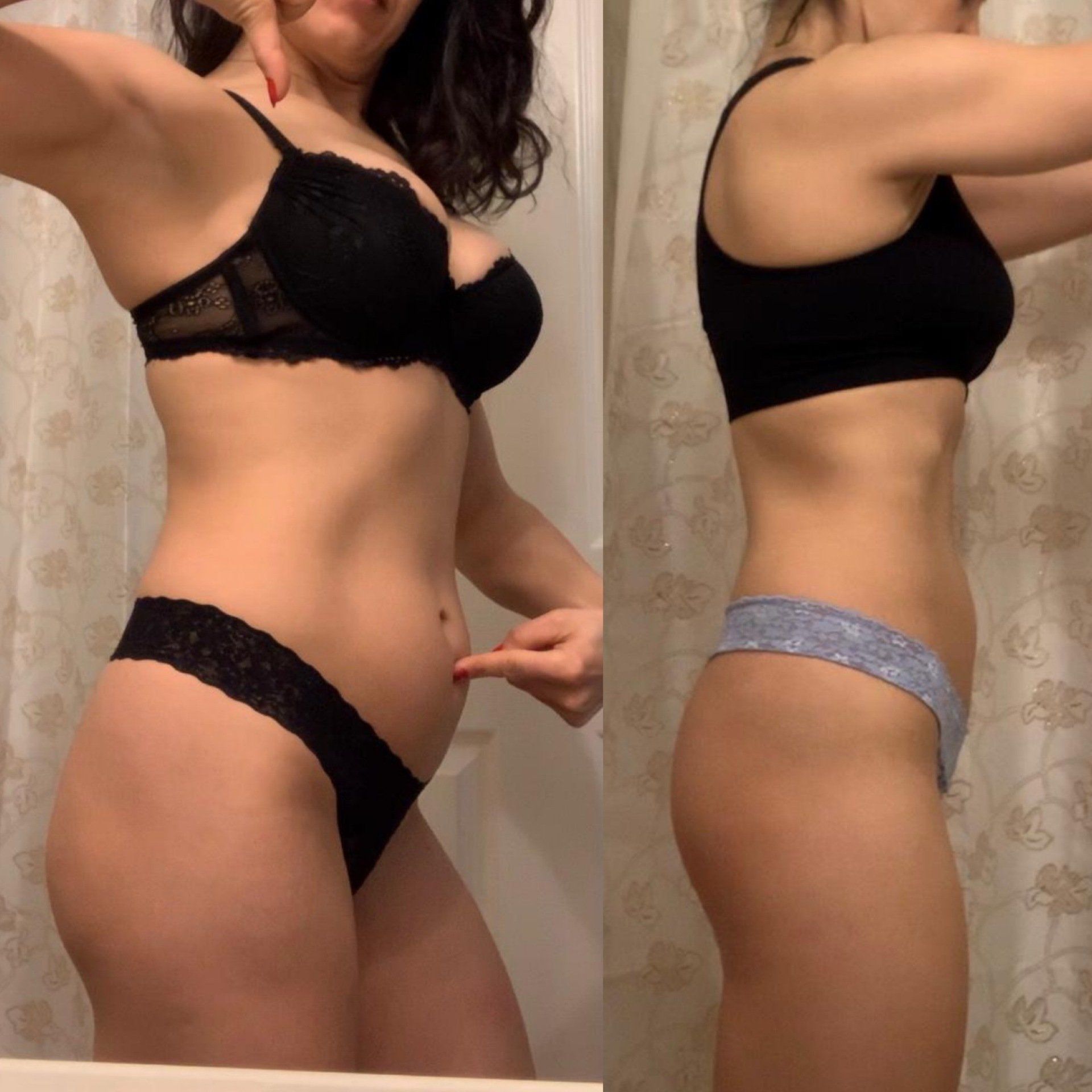 A woman in lingerie is standing in front of a shower curtain