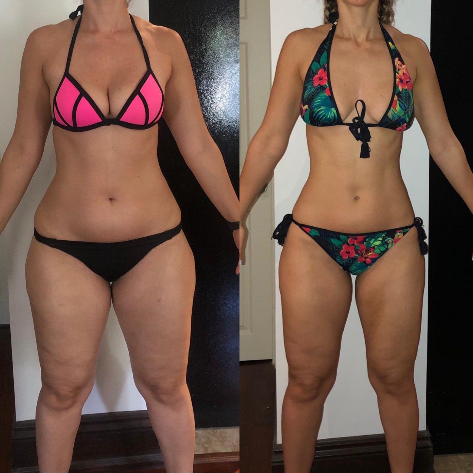 A woman in a bikini is shown before and after losing weight